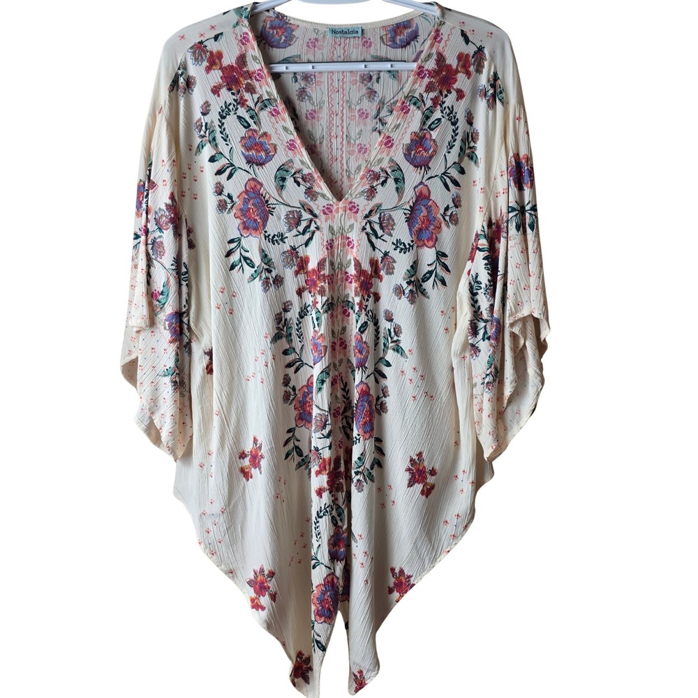 Nostalgia Womens M Floral Tie Front Kimono Sleeve Boho Blouse Top Rayon